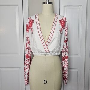 Red and White Women's Wrap Top